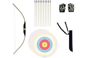 SHOOTINGTOY Set completo di arco, realizzato a mano, in bambù, per bambini e principianti, arco e freccia in legno, 10 pezzi con punta in gomma di sicurezza, guanti, fogli di bersaglio per giochi interni esterni