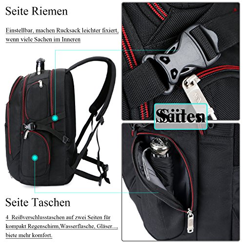 Laptop Rucksack 18,4 Zoll , SOCKO Wasserdichte Nylon Schulrucksack strapazierfähig Reisetasche Hiking Knapsack College Studenten Tagesrucksack mit Schulterreimen für 18-18,4 Zoll Laptop Notebook Computer (Schwarz) - 6