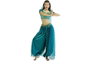 MISI CHAO Belly Dance Jasmine Costume - Aladdin Halloween Outfit Princess Costumes Teal for Women/Girls