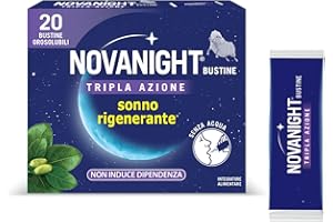 Novanight Tripla Azione Bustine, Magnesio, Melatonina per Dormire, Integratori per Dormire, Disturbi del Sonno - Senza Glutine, con Griffonia, Non Induce Dipendenza (20 Bst Gusto Camomilla e Agrumi)
