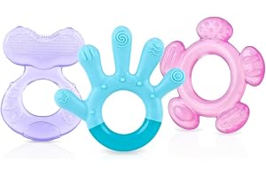 Nuby - 3-stegs tandvårdsset - set med 3 bitringar - texturerade ytor - kylskåpskompatibel - 3 månader +