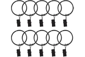 WJUAN 10 Pcs Curtain Rings Black 44mm Curtain Clips Plating Process Curtain Rings with Clips Curtain Hooks Suitable for Curtain Rod Curtain Rods Clothesline Shower Curtain