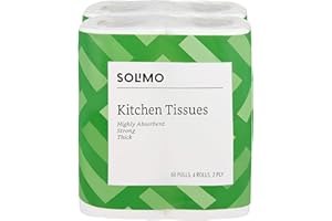 Amazon Brand - Solimo 2 Ply Kitchen Tissue Paper Roll, soft and highly absorbent - 4 Rolls (60 Pulls Per Roll, 240 Sheets)