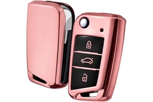 OATSBASF Car Key Cover Compatible with VW,Car Key Case for VW Golf 7 Polo Skoda Seat TPU Silicone 3 Buttons Box (Rose Gold)