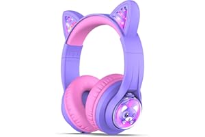 iClever Dziecięce słuchawki Bluetooth, BTH19 dziecięce słuchawki z kocimi uszami, światło LED, 74/85/94 dBA ograniczona głośność, 45 godzin użytkowania, bezprzewodowe, z mikrofonem, do szkoły