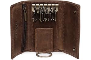 BestFire Brown Retro Leather Key Holder Wallet with 6 Hooks & 1 Car Key Hook, 3 Compartments, Zipper Pocket, Unisex Adults