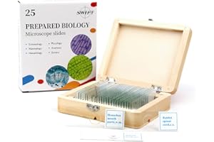 SWIFT 25PCS Prepared Microscope Slides Set for Basic Biological Science, Glass Slides Set with Wooden Case
