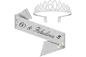 Moitkptt 60th Birthday Tiara and Sash, 60 & Fabulous, Crown, 60 cm
