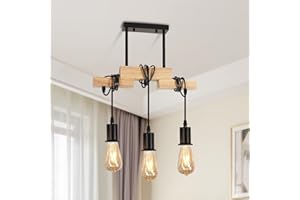 Aiskdan Suspension Luminaire Industrielle, 3 Lampes Lustre Suspension en Bois et Métal, E27 Luminaire Plafonnier Vintage Réglable en Hauteur pour Salon Cuisine Salle à Manger Chambre