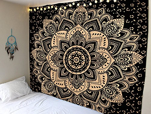 RawyalCrafts Balck & Gold Passion Flower Mandala Tapestry Indian Ombre Bohemian Mandala Tapestry Hippie Wall Hanging Bedspread