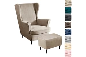 ‎ALISHOMTLL Alishomtll 3 Teilig Ohrensessel Überzug Mit Ottomane Schonbezug Stretch Samt Sessel-Überwürfe Elastisch Einfarbig Sesselhusse Strandmon Tiger Stuhlbezug mit Armlehne Hohe Rückenlehne (Champagne)