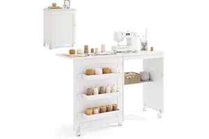 GIANTEX Armario de Costura Plegable con 5 Ruedas, Mesa de Coser con 3 Compartimentos y 1 Estante, Mueble para Máquina de Coser, Mesa Multifuncional para Manualidades, Ordenador (Blanco)