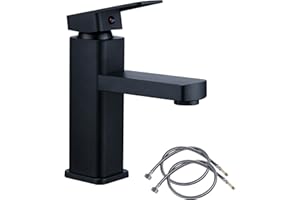 LEADAHEAD Black Bathroom Basin Tap Washroom Hot and Cold Mixer Tap Single Lever Bathroom Sink Faucet with 80CM UK Standard Hoses