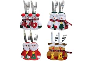 EnixwH 8 Piezas Porta Cubiertos Navidad, Decoracion Mesa Navidad Papá Noel Alce Muñeco de Nieve, Porta Cubiertos Disfraz Cuchillo y Tenedor, Centro Mesa Navideño para Cena Fiesta