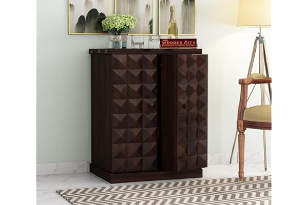 THE WOODEN CITY Solid Sheesham Wood Bar Cabinet Wine Storage Rack with Drawer & Glass Holder, Wooden for Home and Bar Furniture (Walnut2door, Standard)