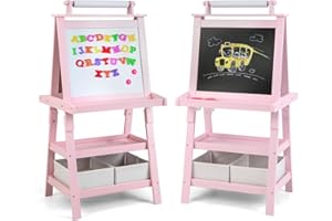 RELAX4LIFE 3 IN 1 Lavagna per Bambini, Cavalletto Pittura a Doppia Faccia, Lavagna Magnetica con Rotolo di Carta, Giocattolo Educativo 3+ Anni (Rosa)