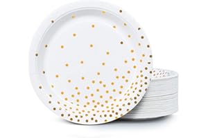 MATICAN Lot de 100 assiettes jetables en papier blanc et doré à pois en aluminium 22,86 cm