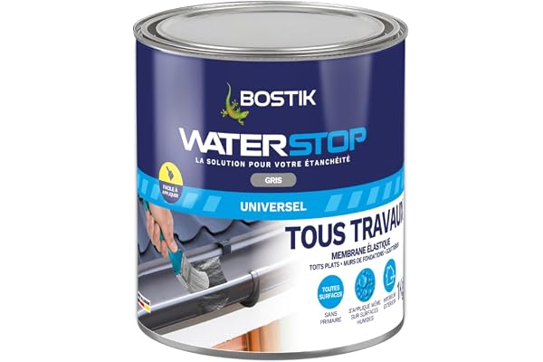 Bostik Waterstop Gris 1 kg – Membrane d’Étanchéité Toiture, Gouttières & Murs – Répare Fuites, Infiltrations & Fissures – Résistant UV & Intempéries