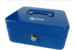 Hyfive® Una especie de caja chica 8" 200mm se suministran con 2 llaves y cambiar la bandeja extraíble, perfecto para el almacenamiento seguro de cambio suelto, Caja de metal azul