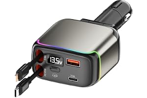XXZU 137W Fast Charging Car Charger,4-in-1 Adapter with 2 Retractable Cable | Cigarette Lighter with 65W Retractable Cable, USB C and USB A Charging Ports, Voltage Display, for iPhone/Android/iPad/Laptop