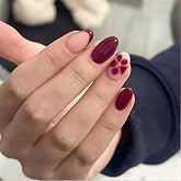 LunarCharm 24 faux ongles bordeaux à pointe French, courts en forme d’amande, avec motif floral, ongles à pression brillants