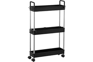 DPWEION 3-Tier Slim Storage Trolley Slide Out Rolling Utility Shelf Rack Storage Cart on Wheels Mobile Shelving Space Organizer for Kitchen/ Bathroom/ Laundry Room/ Office,Plastic & Stainless Steel (S Black)