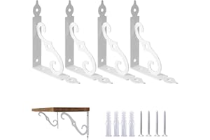 Ouvin Decorative Wall Brackets 4 Pack Retro Black White Heavy Duty L Corner Brace Shelf Support Floating Metal Brackets with Screws (9.5inch) White