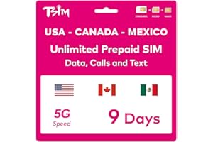 TSIM Carta SIM Prepagata USA per 9 Giorni | Dati Illimitati 4G/5G negli USA + Dati a Bassa Velocità in Canada/Messico | Chiamate Locali Illimitate | Chiamate e SMS Gratuiti in Arrivo