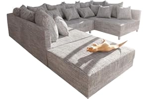 DELIFE Couch Clovis Hellgrau Strukturstoff mit Hocker Wohnlandschaft Modulsofa