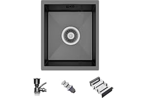 AIPUNLUS Kitchen Sink Black 38 x 30 cm – Stainless Steel – Compact Undermount Single Bowl Sink with Drainer Fittings & Drying Rack – Ideal for Small Kitchens, Bars, or Utility Rooms (Undermount, 38x30cm)