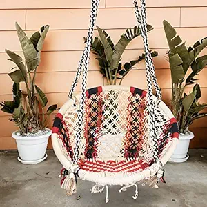 Halder Jute Regular Indoor Outdoor Round Hanging Swing Chair (Cotton, White Black Red, 150 * 65 * 72 cm)