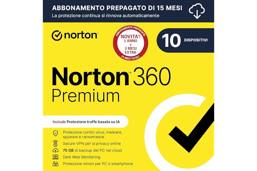 Norton 360 Premium 2025| Antivirus 10 dispositivi|15 mesi rinnovo automatico|Digital Download