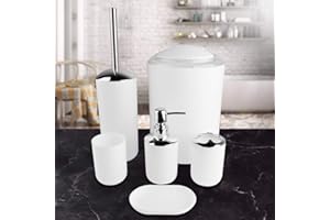 CERLINGWEE Bathroom Accessories Set, 6Pcs Plastic Gift Set Toothbrush Holder, Soap Dispenser Soap Dish Toilet Brush Holder Trash Can Rinsing Mug Set Bathroom Accessory Set