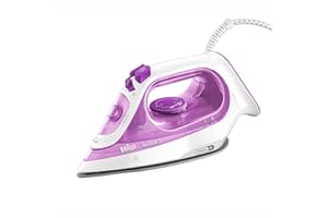 Braun TexStyle3 SI3030PU Ferro da Stiro a Vapore con 5 Anni di Assistenza, Piastra in Ceramica, Stiratura in Verticale, Punta di Precisione, Getto di Vapore 140g/min, Potenza 2300watt, Bianco/Viola