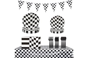 PIUMOJ Partygeschirr Set Cars, Rennwagen Partyzubehör Set, Schwarz und Weiß Kariert Teller, Servietten, Tischdecke, Cars Rennwagen Deko Kindergeburtstag für Jungen, 20 Gäste