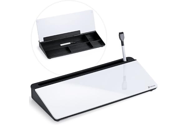 Varhomax Tableau blanc de bureau en verre avec rangement, organiseur de bureau, liste de tâches, bloc-notes, bloc-notes, tableau blanc effaçable à sec pour la maison, le bureau et les fournitures