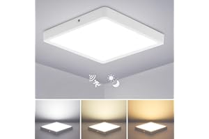Lampa sufitowa LED Combuh z czujnikiem ruchu, 24W 2400LM Ø30CM Lampa sufitowa z czujnikiem i czujnikiem światła, 3000K ~ 6000K ultracienka kwadratowa lampa sufitowa łazienkowa do schodów w korytarzu