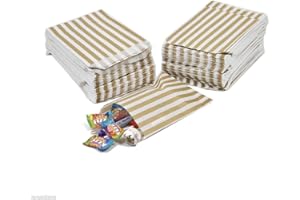 BE SMART 100 - Striped Candy Paper Bags for Sweet Flavor Buffet Wedding Cake Gift Shop (5'' X 7'') (Gold, Qty: 100 Bags)