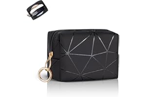 PLAYEXEN Mini Trousse Maquillage pour Femme Rouge à Lèvres Organiseur Makeup Sac à Main Cosmétiques Petite Trousse de Toilette en Cuir PU Pochette Fille pour Cadeau Amie Maman Anniverssaire 11*8*5,5cm(Noir)