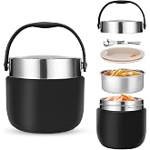 DUBUOZA Thermos for Food 1200 ml Thermal Food Container with Folding Spoon for Porridge, Soup, Fruit, Yogurt and Lunch, Black