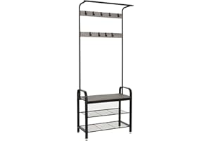 Meerveil Porte Manteau, Meuble d’Entrée Vestiaire avec Étagère Chaussures à 3 Niveaux, 9 Crochets Amovibles, Cadre en Métal, 72 x 34 x 183 cm, Gris