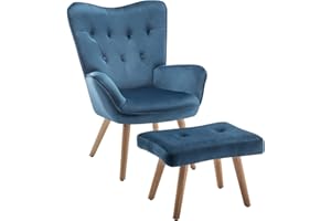 HollyHOME Ohrensessel mit Hocker Sessel mit Hocker Sessel Wohnzimmer & Schlafzimmer Samt Relaxsessel Lesesessel Lounge Sessels Armlehnensessel, Blau