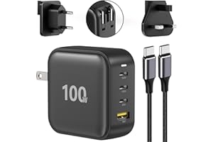 RREAKA 100W USB C Charger, Travel 4-Port GaN PD Fast Wall Charger Type C Charging Station Power Adapter for MacBook Pro Air, iPhone 14, iPad Samsung Pixel Lenovo HP Dell Laptop With Cable 6.6Ft, UK/EU Plug