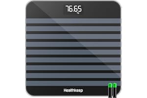 HEALTHKEEP Pèse-personne Électronique, Pese Personnes Balance Numériques avec Technologie Step-On, 5mm Verre Trempé, Haute Précision à 180kg/ 400lb/ 28st, Grand Ecran LCD Rétroéclairé (Bande Noire)