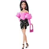 Barbie Deluxe Stil Bebek #13" Pembe Barbiecore Kadife &Uuml;st, Kabarık Kollu, Siyah Vinil Mini Etek, Siyah Sa&ccedil;, Pembe &Ccedil;anta ve G&uuml;