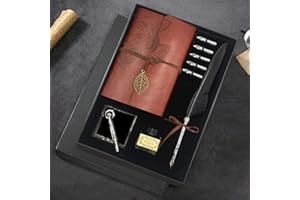 GCCL Quill Pen and Ink Set, Antique Feather Dip Calligraphy Pen Set, including Quill Pen, 5 Replacement Nibs, Pen Nib Base, Notebook, Ink, Gift Box, Best Gifts for Him Men Dad (Black)
