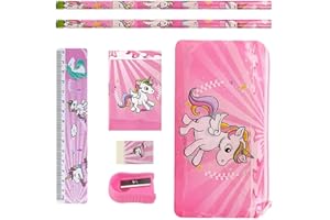 IUDWCG - 1 Pcs Set de papelería, regalo unicornio niña, set lápiz unicornio estuche, incluye lápiz, regla, goma de borrar, bolígrafo unicornio bonito regalo niña