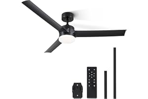 VONLUCE 132 CM Ventilatori da Soffitto con Luci e Telecomando Ventilatore da Soffitto Moderno Nero con 3 Pale Motore DC Reversibile Silenzioso a 6 Velocità per Camera da Letto Soggiorno Studio Patio