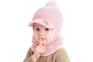 AYPOW Kinder Schlupfmütze Mädchen Jungen Warm Wintermütze Thermo Fleece Gefütterte Strickmütze Schalmütze Winddichte Beanie Mütze Sturmhaube Mit Bommel Kapuze Loop Schals Kleinkinder