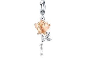 Qings Pendentif Fleur Rose en Argent Sterling 925, Charms Pendentif Fleur en Or Rose pour Bracelet